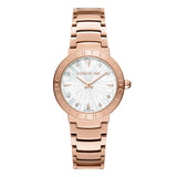 A direct face-forward studio presentation of the Cerruti 1881 Filiano women's watch, showcasing its rose gold case and bracelet, white mother-of-pearl mosaic dial, and crystal indices.