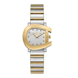 A flat, front-facing studio image of the Cerruti 1881 Cavallina women's watch, showcasing its unique gold-plated horseshoe case shape, white textured wave dial, crystal indices, and two-tone silver and gold link bracelet.