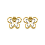 Symmetrical frontal view of the Saint Honoré Orsay gold-plated butterfly stud earrings on a white background, highlighting the two-tone yellow gold and silver-accented cut-out wings.