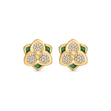 A direct, front-facing studio portrait shot of the pair of Saint Honoré Burj flower earrings on a white background, highlighting the central SH logo, green malachite outer petals, and crystal-paved inner petals.