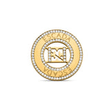 A direct, symmetrical studio layout presentation of the front of the Escada Alice brooch, highlighting the concentric gold-plated rings, dual crystal halos, engraved ESCADA lettering, and the center crystal-paved EE monogram.