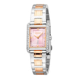 Front studio layout of the Esprit Elora women's watch ES1L512M0085, highlighting the rectangular pink dial with crystal markers, a crystal-embellished bezel, and a silver and rose gold two-tone stainless steel link bracelet.
