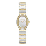 A direct, flat front-facing studio shot of the Cerruti 1881 women's watch, highlighting the unique oval crystal-pavé bezel, white mother-of-pearl dial, and the silver and gold two-tone link bracelet.