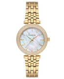 A direct front-facing studio shot of the Freelook Paris Lumière women's watch on a black background, showcasing the fully polished ion-plated gold link bracelet, the double-row crystal-set bezel, and the iridescent white mother-of-pearl dial.