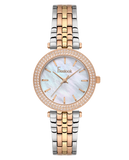 A direct front-facing studio shot of the Freelook Paris Lumière women's watch on a black background, showcasing the vibrant silver, yellow gold, and rose gold three-tone link bracelet, the double-row crystal bezel, and the iridescent white mother-of-pearl dial.
