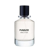 Fugazzi Vanilla Haze perfume bottle featuring a minimalist clear glass design with black branding text, filled with a pale liquid, and topped with a glossy black cylindrical cap.