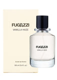 Fugazzi Vanilla Haze 100ml perfume set showcasing the minimalist cream-colored retail box alongside the matching clear glass fragrance bottle with its glossy black cap.