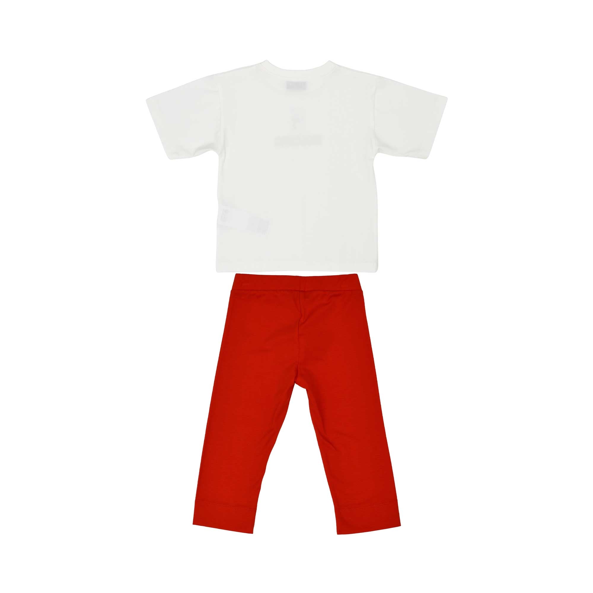 Full-set back view of the Moschino baby girl white teddy logo top red leggings set. Find the Collection Online