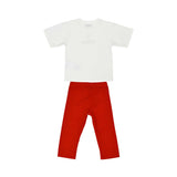 Full-set back view of the Moschino baby girl white teddy logo top red leggings set. Find the Collection Online