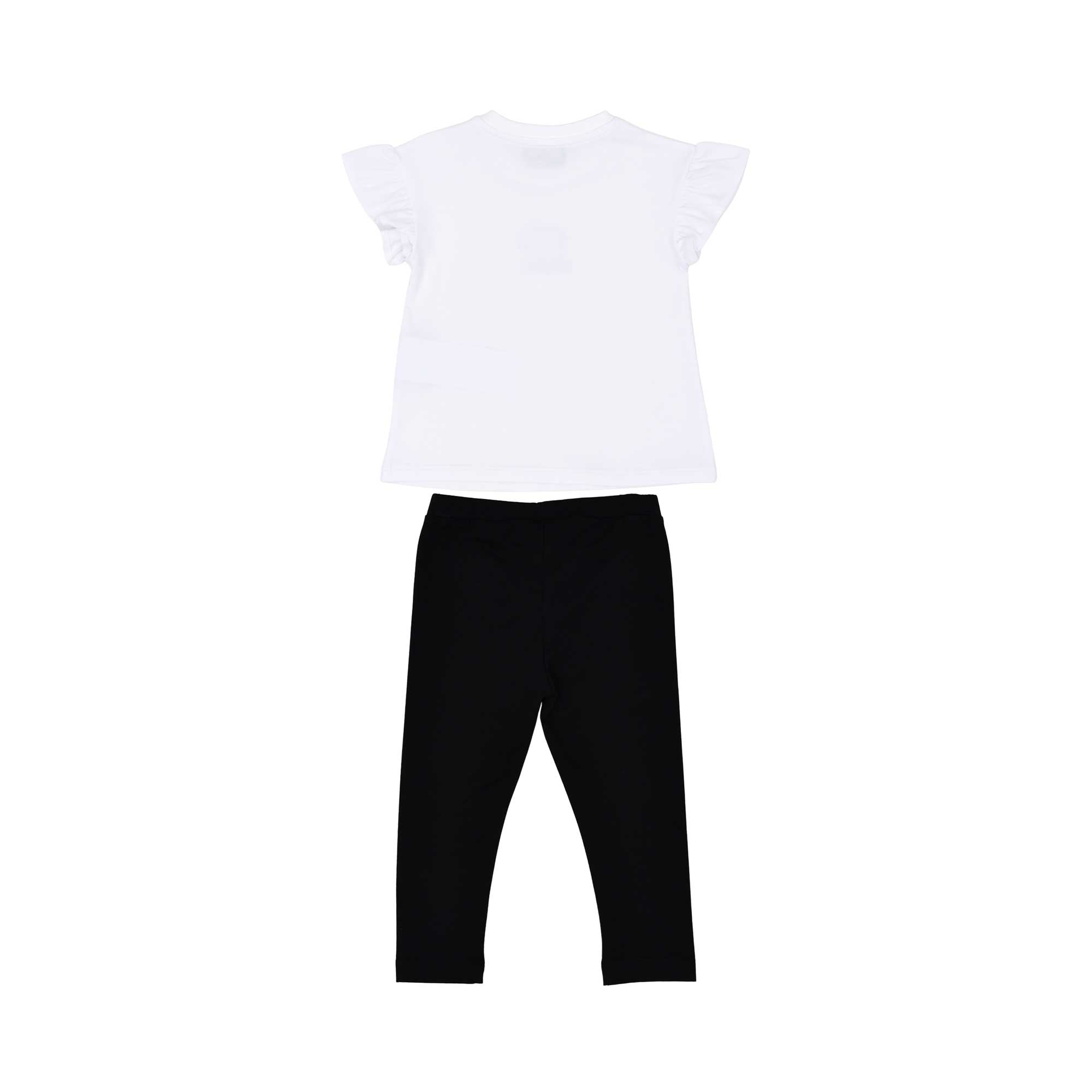 Full-set back view of the Moschino baby girl white top black teddy leggings set. Available for Online Purchase