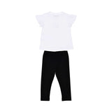 Full-set back view of the Moschino baby girl white top black teddy leggings set. Available for Online Purchase