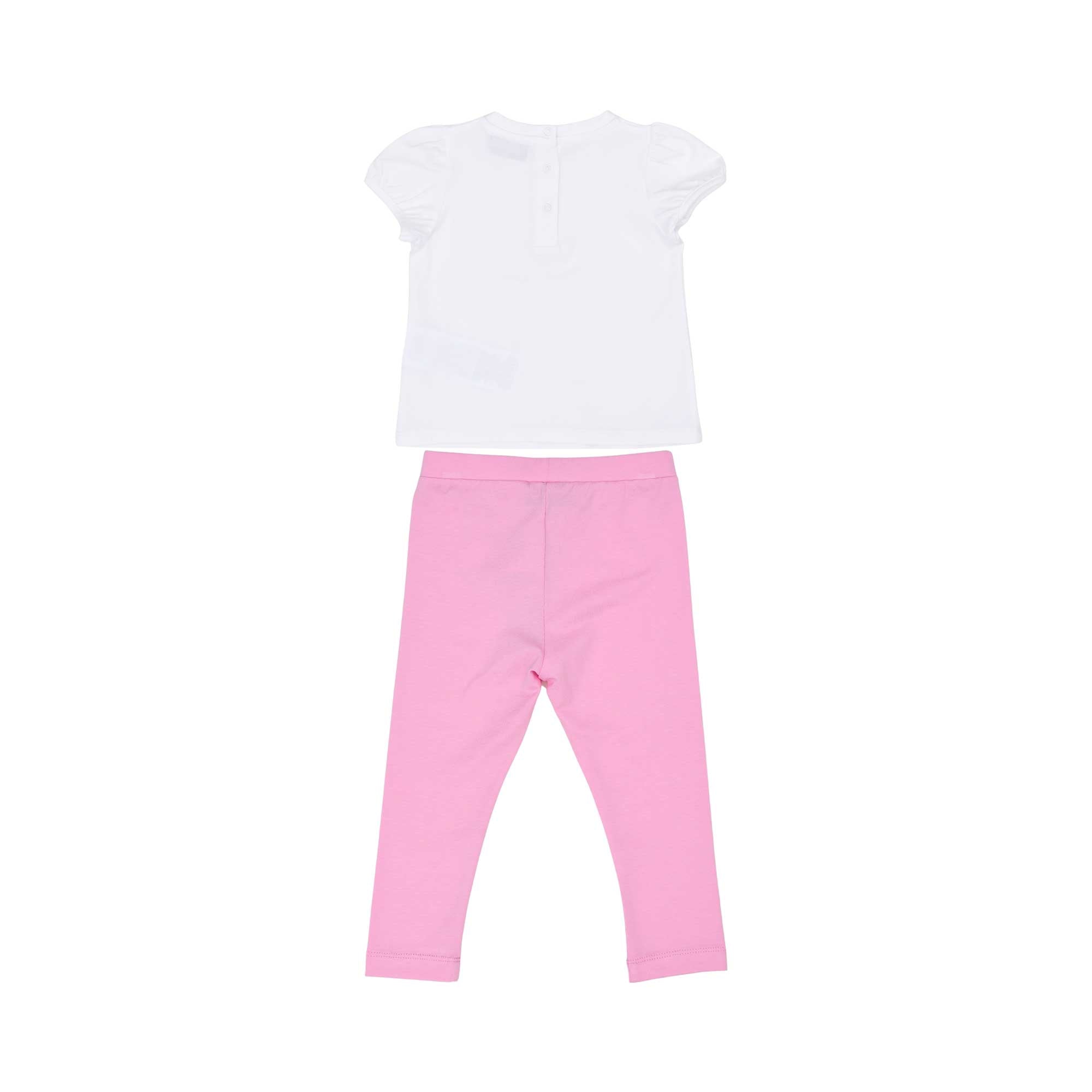 Full-set back view of the Moschino baby girl white top pink teddy heart leggings set. Shop Online Today.