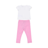 Full-set back view of the Moschino baby girl white top pink teddy heart leggings set. Shop Online Today.