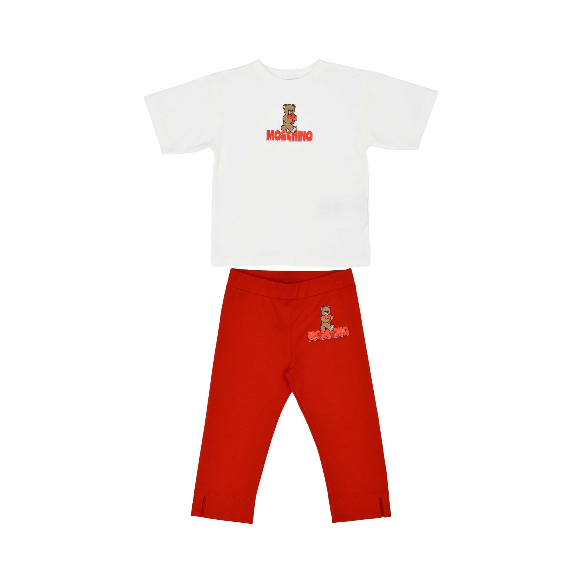 Full-set front view of the Moschino baby girl white teddy logo top red leggings set. Find the Collection Online