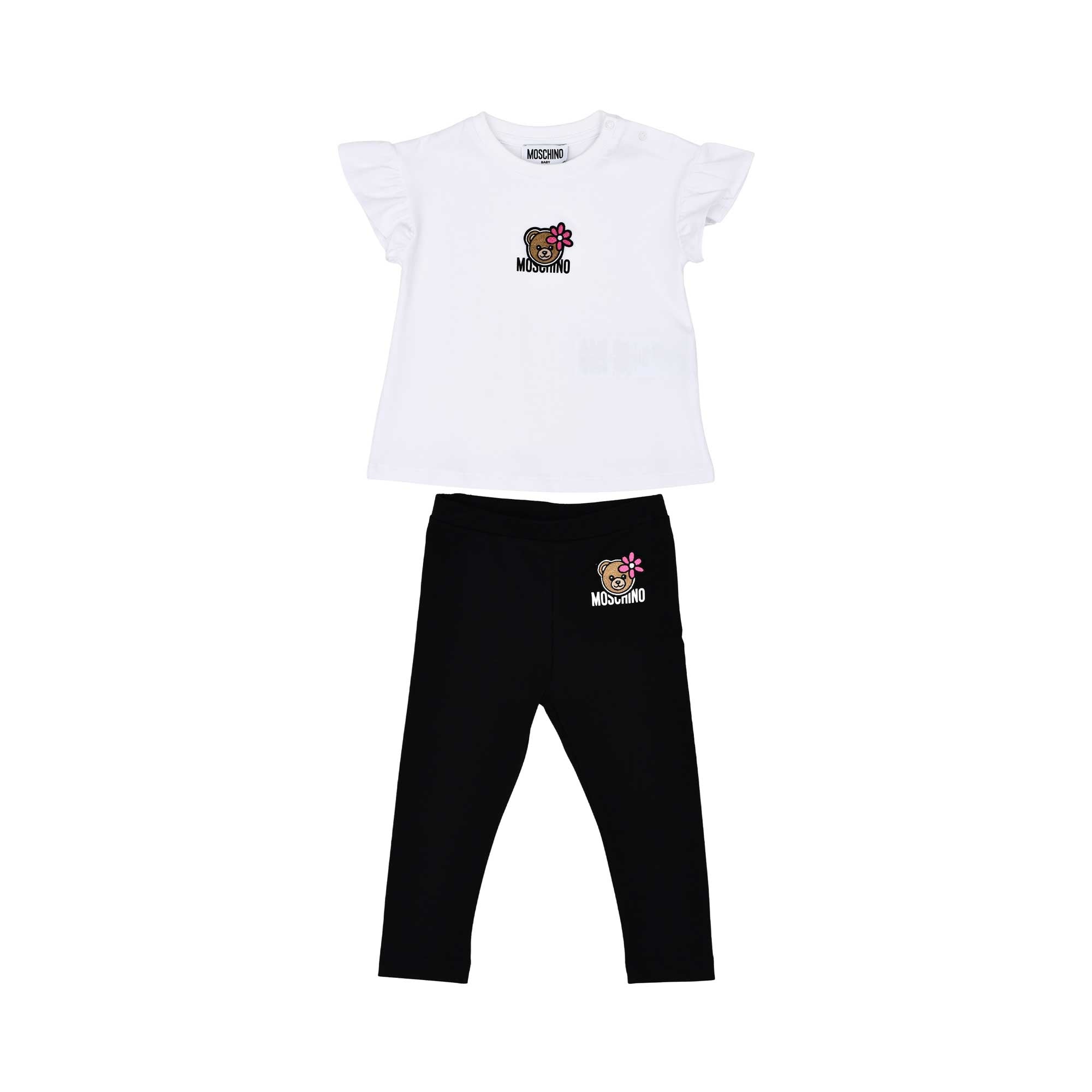 Full-set front view of the Moschino baby girl white top black teddy leggings set. Available for Online Purchase