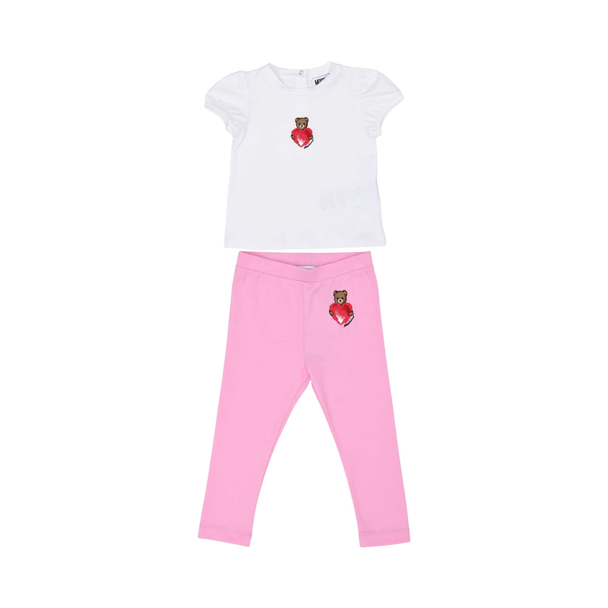 Full-set front view of the Moschino baby girl white top pink teddy heart leggings set. Shop Online Today.