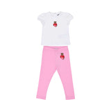 Full-set front view of the Moschino baby girl white top pink teddy heart leggings set. Shop Online Today.