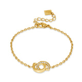 Full front view layout of the gold-plated Cerruti 1881 Marina chain bracelet, displaying its central interlocking Double C crystal logo charm.