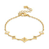 Full view of the gold-plated Cerruti 1881 Francesca bracelet, showcasing its five alternating geometric crystal and mother-of-pearl charms.