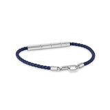 Full front view layout of the Cerruti 1881 Saverio men's bracelet, highlighting the braided dark blue genuine leather band and silver stainless steel center bar.