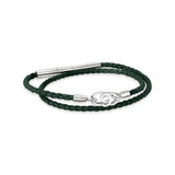 Full front view layout of the Cerruti 1881 Filippo men's double wrap bracelet, showcasing the braided green genuine leather bands and silver steel keeper.