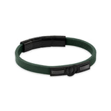 Full front view layout of the Cerruti 1881 Elio men's bracelet, highlighting the dual black and braided green leather bands and central IP black hardware.