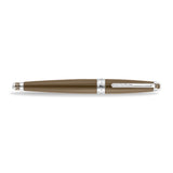 A high-resolution studio shot of the Aigner 60th Anniversary men's luxury pen shown fully capped horizontally, highlighting the rich retro brown lacquered body, polished silver center ring, sleek pocket clip, and monogrammed finial cap.