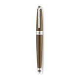 A high-resolution studio shot of the Aigner 60th Anniversary men's luxury pen shown fully capped horizontally, highlighting the rich retro brown lacquered body, polished silver center ring, sleek pocket clip, and monogrammed finial cap.
