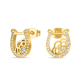 Full front view studio layout of the pair of gold-plated Cerruti 1881 Camilla drop earrings, showing the open-circle crystal pendant charms.