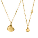 A full composition shot of the two complete Escada Giselle necklaces laid out together, showcasing the relative sizing of the heart pendants, the fine cable chain lengths, and the independent lobster clasps.