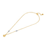 A full-length studio product photograph of the Escada Margarete necklace, showcasing the gold-plated cable chain, the central grooved shell pendant, the silver-toned logo stations, and the adjustable lobster clasp system.