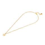 A full-length studio product presentation of the Escada Caroline pendant necklace, displaying the delicate gold-plated cable chain, the circular Mother of Pearl monogram pendant, and the adjustable lobster closure assembly.