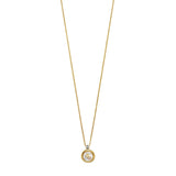 A full-length presentation of the Aigner Fina short locket necklace against a crisp white background, highlighting its delicate gold-plated cable chain layout and the circular floating charm pendant centered at the base.