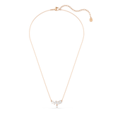 A full overhead studio view of the Swarovski Mesmera necklace, displaying the complete draping layout of the delicate 18K rose gold-plated chain and the central multi-cut crystal cluster.
