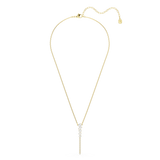 A full overhead studio view of the Swarovski Mesmera Y necklace, showing the complete drape of the fine 18K gold-plated link chain and the delicate asymmetric drop.