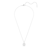 A full overhead studio view of the Swarovski Una Angelic necklace, showcasing the complete length of the fine rhodium-plated link chain and the elegant drop of the cushion-cut crystal pendant.