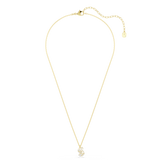 A full overhead studio view of the Swarovski Swan necklace, showing the complete length of the fine gold-plated cable chain and the delicate drop of the crystal swan pendant.
