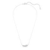 A full overhead studio view of the Swarovski Vienna necklace, showcasing the complete spread of the fine rhodium-plated chain and the graceful, horizontal suspension of the feather centerpiece.