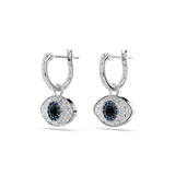 A full overhead studio view of the Swarovski Symbolica earrings, highlighting the uniform spacing of the handset blue, black, and clear crystals across both matching huggie drops.