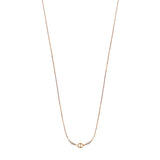 A vertical studio shot of the Aigner Iva short necklace in rose gold-plated stainless steel, demonstrating the continuous, delicate cable chain falling to reveal the crystal-accented horseshoe pendant at the center base.