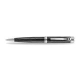 A high-resolution studio shot of the Aigner Borgia men's luxury ballpoint pen displayed horizontally against a white background, highlighting its black metal barrel engraved with organic, fluid wave textures, the central silver band with vertical Aigner branding, a sleek chrome pocket clip, and the exposed silver cone and fine writing tip.