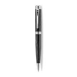 A high-resolution studio shot of the Aigner Borgia men's luxury ballpoint pen displayed horizontally against a white background, highlighting its black metal barrel engraved with organic, fluid wave textures, the central silver band with vertical Aigner branding, a sleek chrome pocket clip, and the exposed silver cone and fine writing tip.