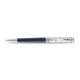 A high-resolution studio presentation of the Aigner Modeno Due men's luxury ballpoint pen displayed horizontally against a white background, highlighting its brass barrel finished with a smooth midnight-blue lower grip, a silver-tone cap engraved with diagonal spiraling grooves, a vertical Aigner logo on the central silver band, a sleek pocket clip, and the exposed fine writing tip.