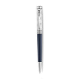 A high-resolution studio presentation of the Aigner Modeno Due men's luxury ballpoint pen displayed horizontally against a white background, highlighting its brass barrel finished with a smooth midnight-blue lower grip, a silver-tone cap engraved with diagonal spiraling grooves, a vertical Aigner logo on the central silver band, a sleek pocket clip, and the exposed fine writing tip.