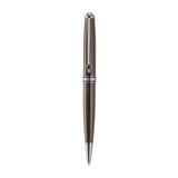 A vertical, high-resolution studio photograph of the Aigner Andrea men's metal ballpoint pen, showcasing its streamlined taupe brown lacquered barrel, silver-tone nose cone, branded center band, and signature pocket clip with the horseshoe logo.