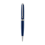 A Vertical studio photograph of the Aigner Andrea metal ballpoint pen, highlighting its streamlined navy blue lacquered barrel, silver-tone conical tip, engraved center band, and signature pocket clip with the horseshoe logo.
