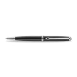 A horizontal studio photograph of the Aigner Andrea men's metal ballpoint pen, highlighting its streamlined black lacquered barrel, silver-tone nose cone, branded center band, and signature pocket clip with the horseshoe logo.