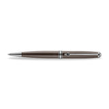 A horizontal, high-resolution studio photograph of the Aigner Andrea men's metal ballpoint pen, showcasing its streamlined taupe brown lacquered barrel, silver-tone nose cone, branded center band, and signature pocket clip with the horseshoe logo.