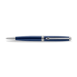 A horizontal studio photograph of the Aigner Andrea metal ballpoint pen, highlighting its streamlined navy blue lacquered barrel, silver-tone conical tip, engraved center band, and signature pocket clip with the horseshoe logo.