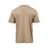 Studio back view of the Stefano Ricci beige cotton t-shirt, showcasing the smooth jersey back with the subtle Stefano Ricci embroidered logo at the upper neckline.